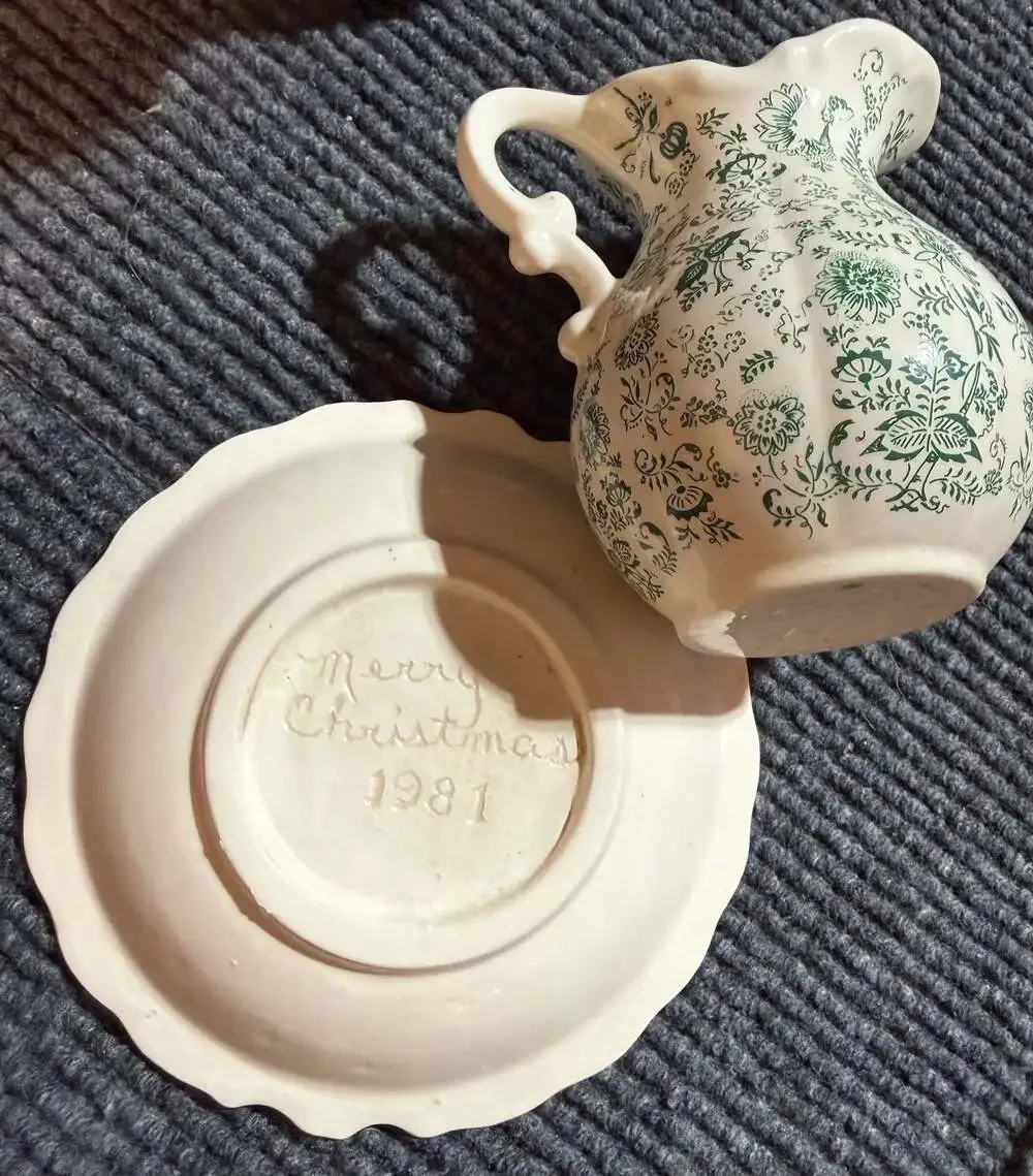 Vintage 1981 Ceramic Creamer Pitcher and Saucer Set with Green Floral Transferwa